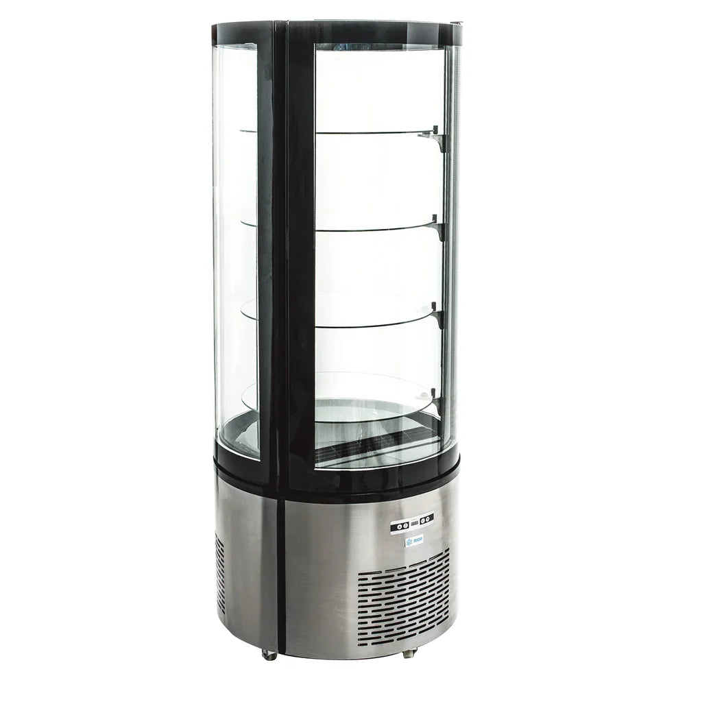 ARC-400R | Refrigerador vertical circular Migsa 400 L con laterales de cristal, entrepaños ajustables e iluminación LED