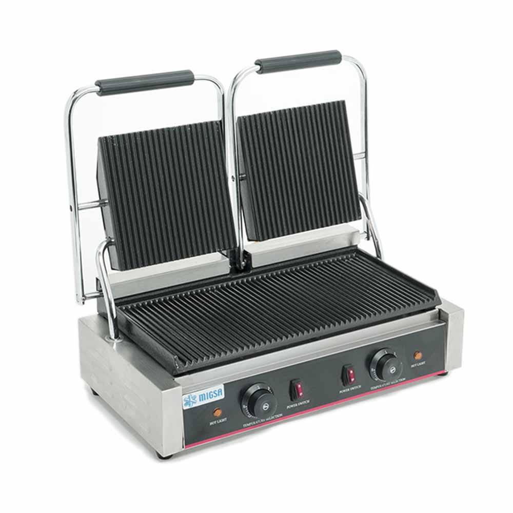 BN-813 | Plancha panini doble Migsa 4 kW con placas acanaladas de teflón y termostato ajustable