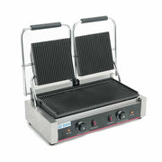 BN-813 | Plancha panini doble Migsa 4 kW con placas acanaladas de teflón y termostato ajustable