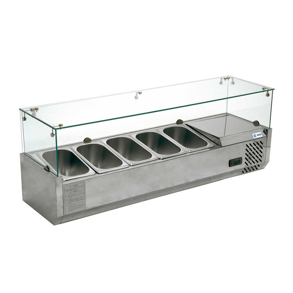 RT-1200L |  Vitrina refrigerada para ensaladas y pizzas Migsa  120 cm con 5 insertos de 1/4 y cristal contra estornudos