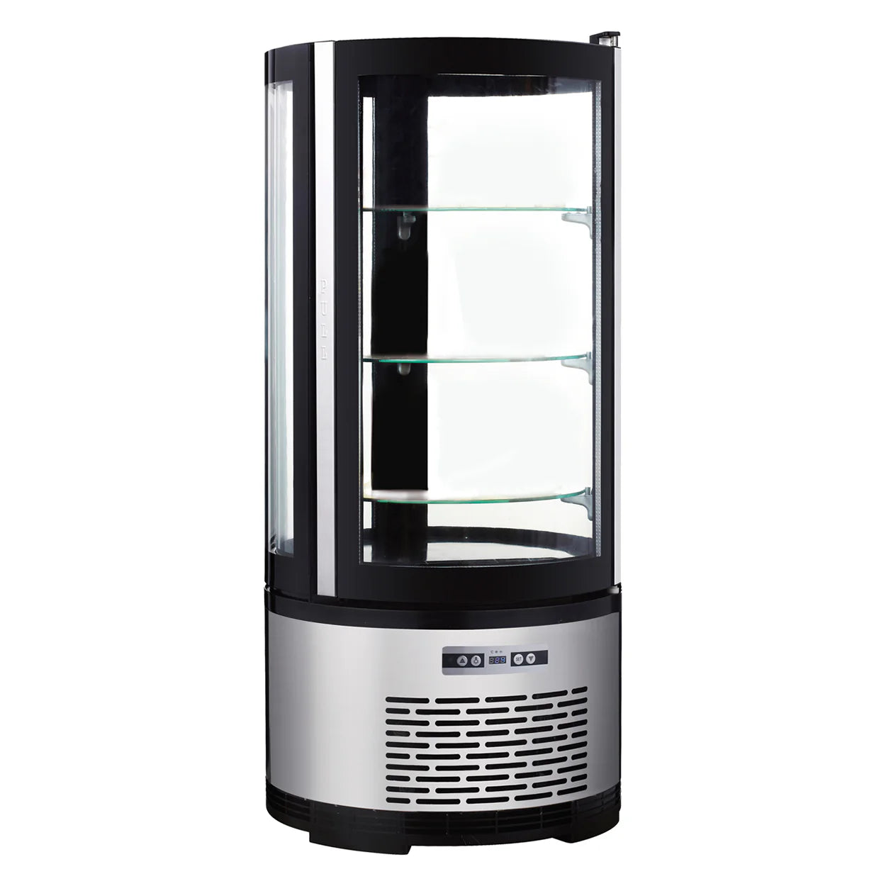 ARC-100R | Refrigerador vertical circular Migsa 100 L con puerta abatible, entrepaños giratorios e iluminación LED