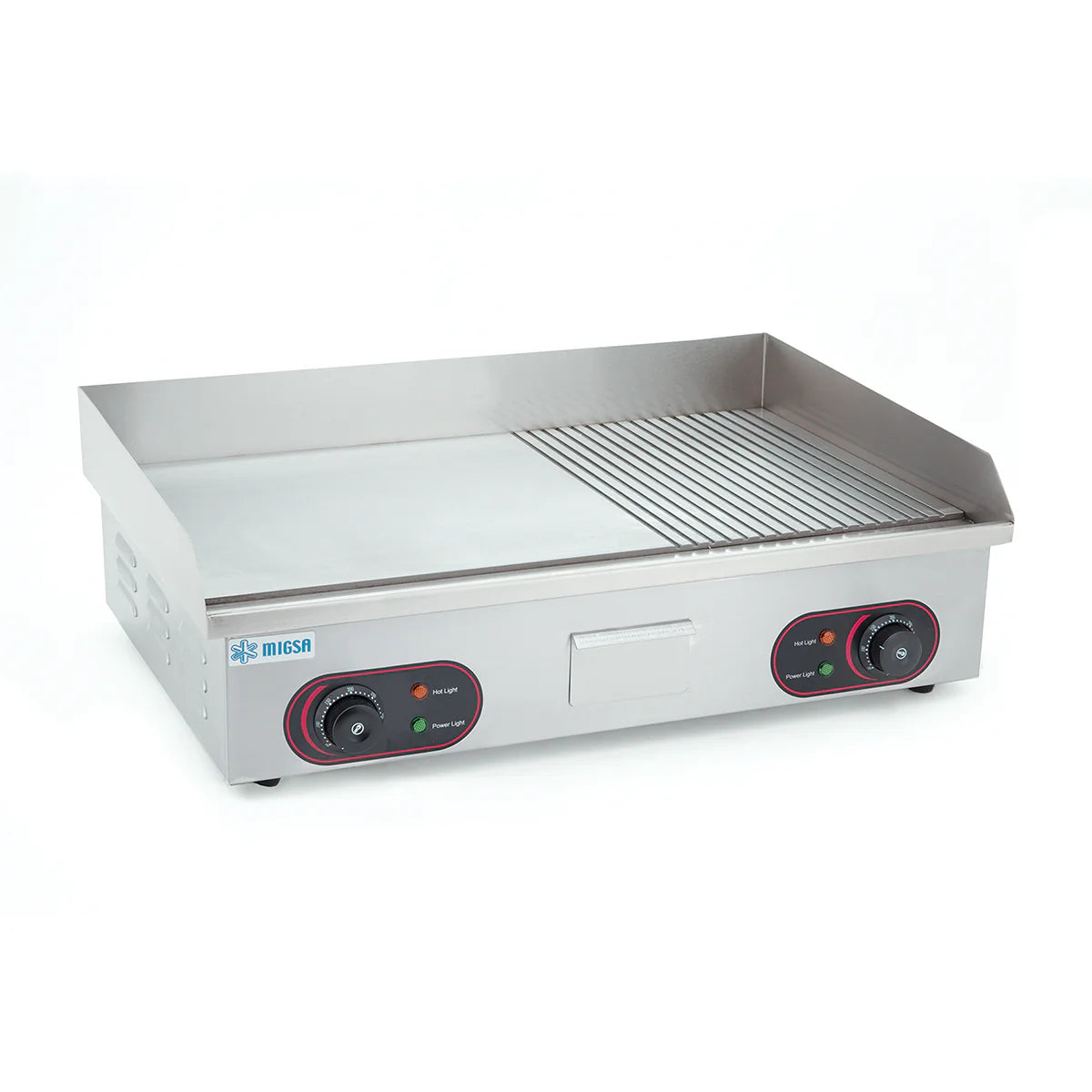 BN-822B | Plancha grill eléctrica lisa y acanalada Migsa 4.4 kW con 2 termostatos y cajón para grasa
