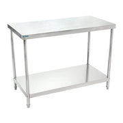 BN-W03/120 | Mesa de trabajo central Migsa  de acero inoxidable 120 cm con entrepaño inferior y regatones ajustables