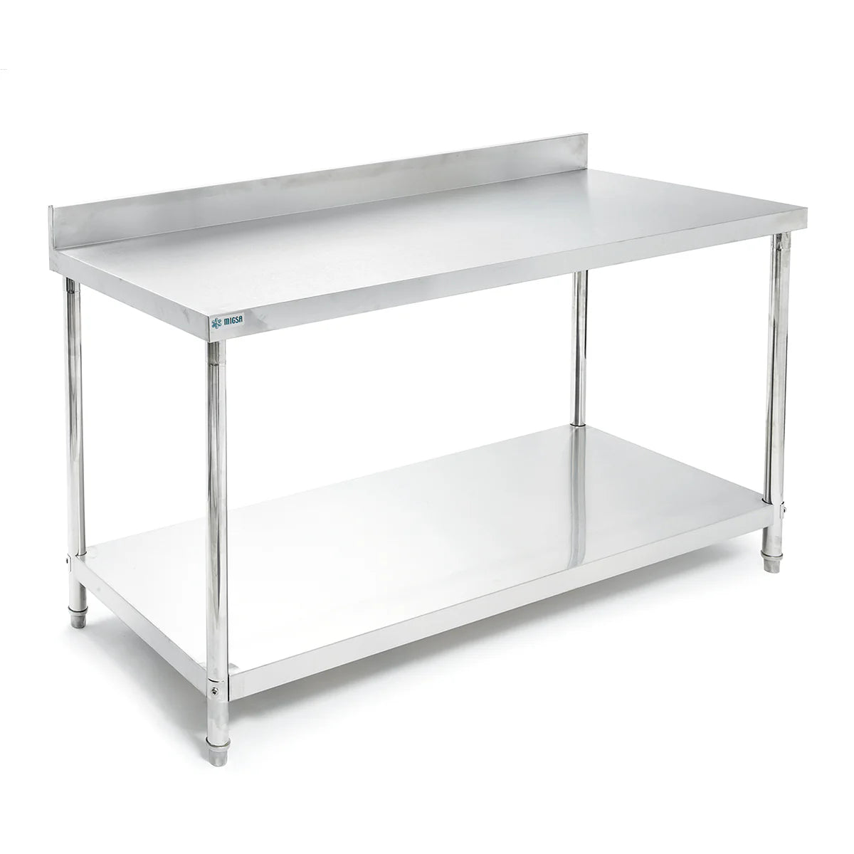 BN-W04/150 | Mesa de trabajo con lambrín Migsa  de acero inoxidable 150 cm con entrepaño inferior y regatones ajustables
