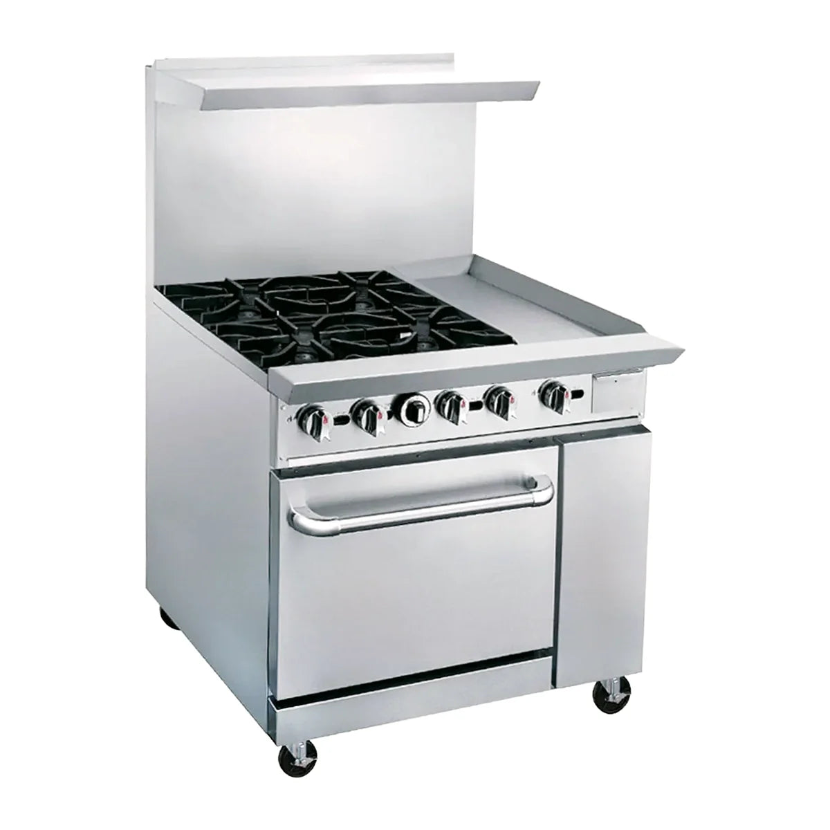DCR36-4QH | Estufa comercial a gas Migsa  con 4 quemadores, plancha grill y horno con respaldo