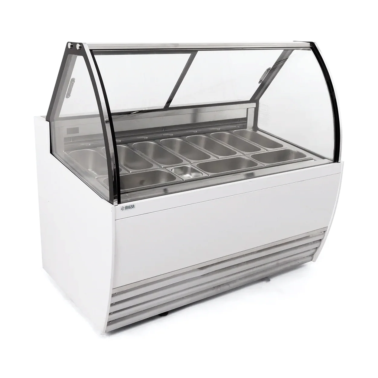 DW-10 | Vitrina exhibidora de helados Migsa  1500 W con 10 insertos de 5 L, frente curvo e iluminación LED