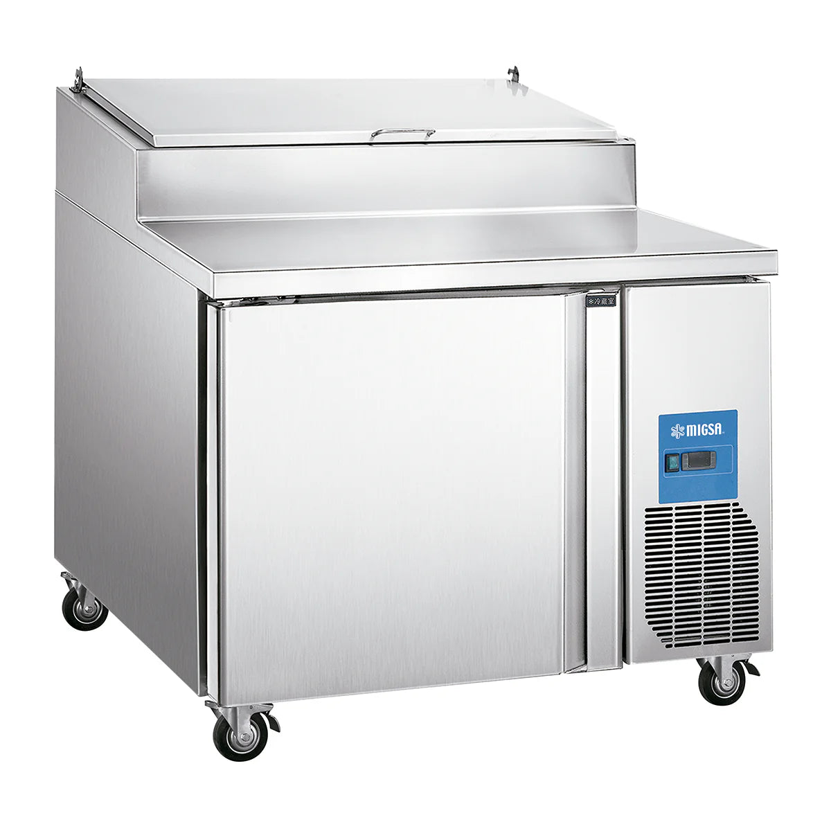 PICL1 | Mesa para preparación de pizzas Migsa 310 L con 1 puerta, tapa abatible e insertos incluidos