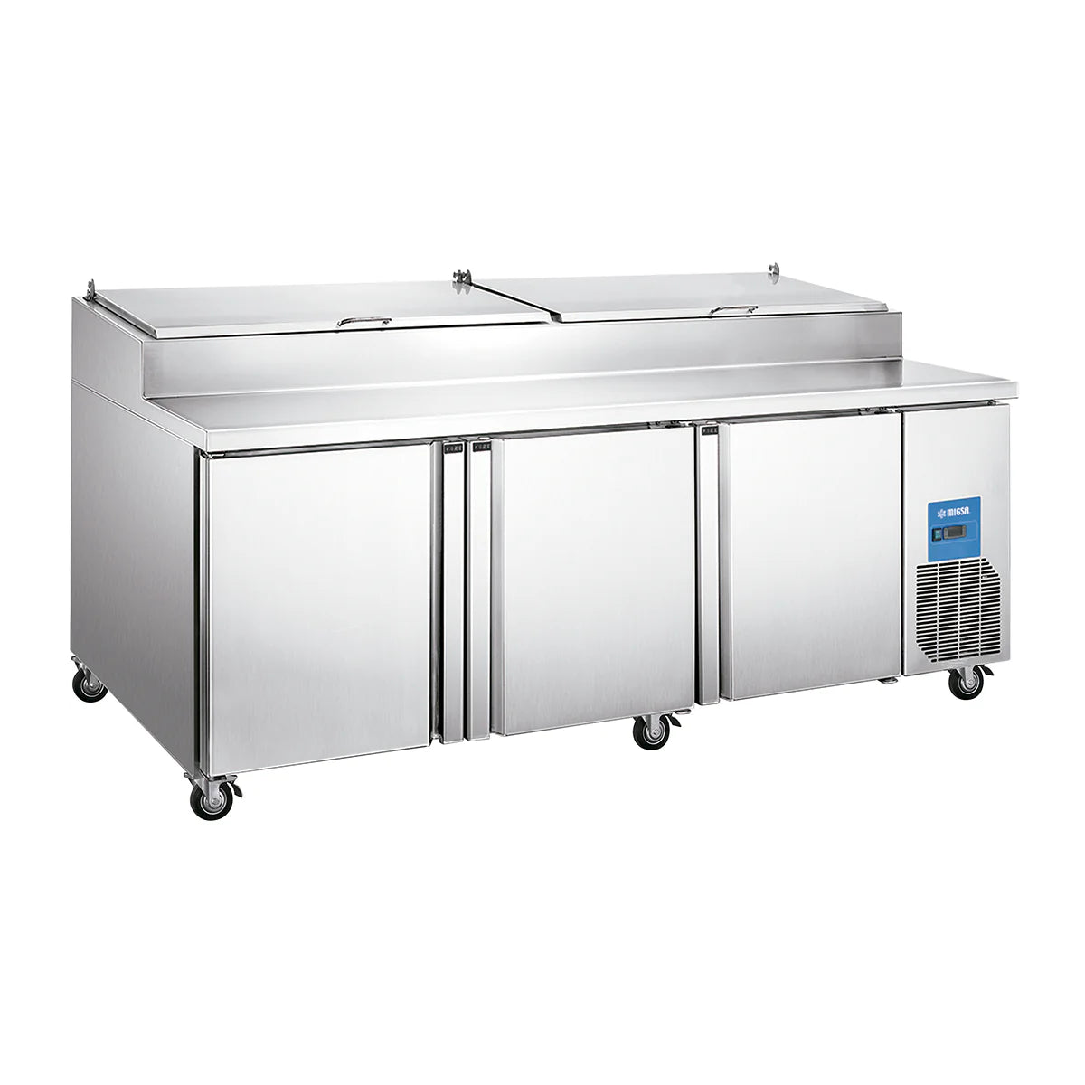 PICL3 | Mesa para preparación de pizzas Migsa 770 L con 3 puertas, tapa abatible e insertos incluidos