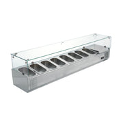 RT-1800L | Vitrina refrigerada para ensaladas y pizzas Migsa 180 cm con 8 insertos de 1/4 y cristal contra estornudos