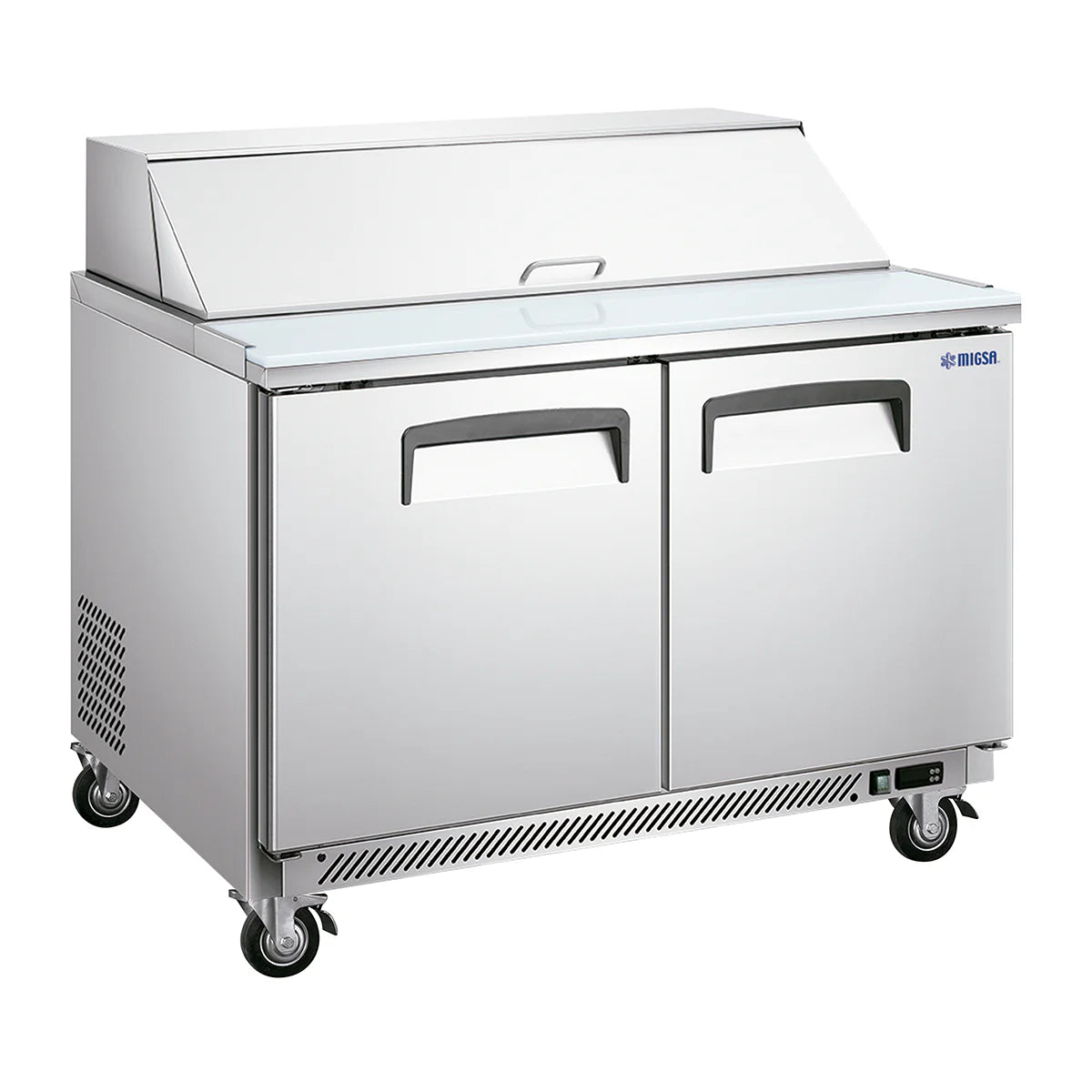 SCL-2 | Mesa fría para ensaladas Migsa 340 L con 2 puertas, tapa abatible e insertos incluidos
