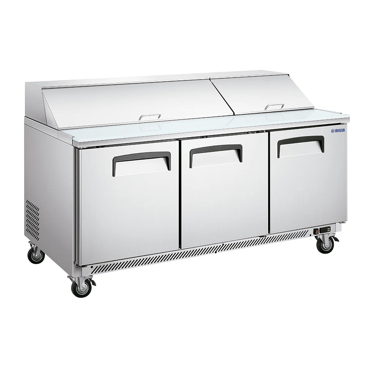 SCL-3 | Mesa fría para ensaladas Migsa 510 L con 3 puertas, tapa abatible e insertos incluidos