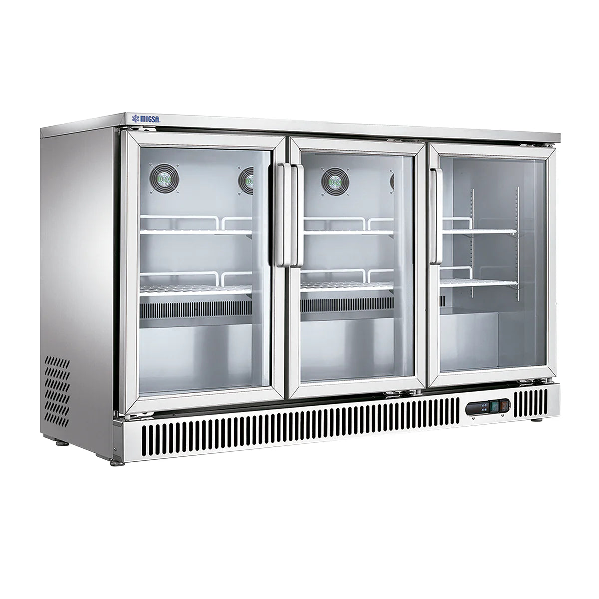 SG380  | Refrigerador contrabarra Migsa 380 L con 3 puertas de cristal y control digital de temperatura