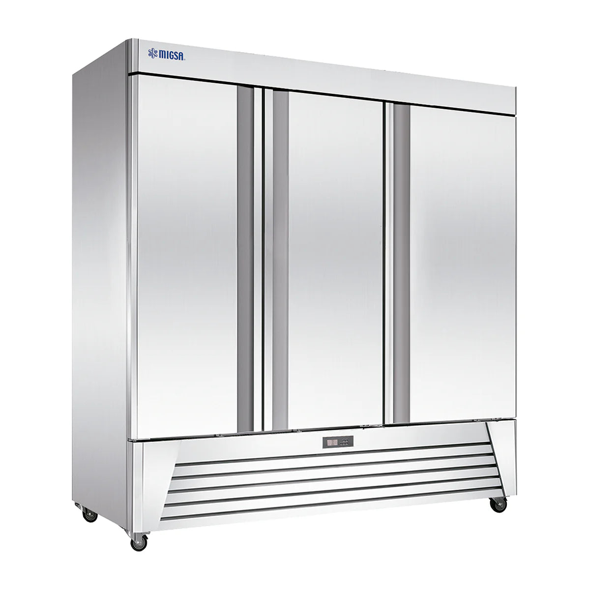 UR-78F-3 | Congelador vertical de acero inoxidable Migsa 72 ft³ con 3 puertas sólidas y control digital