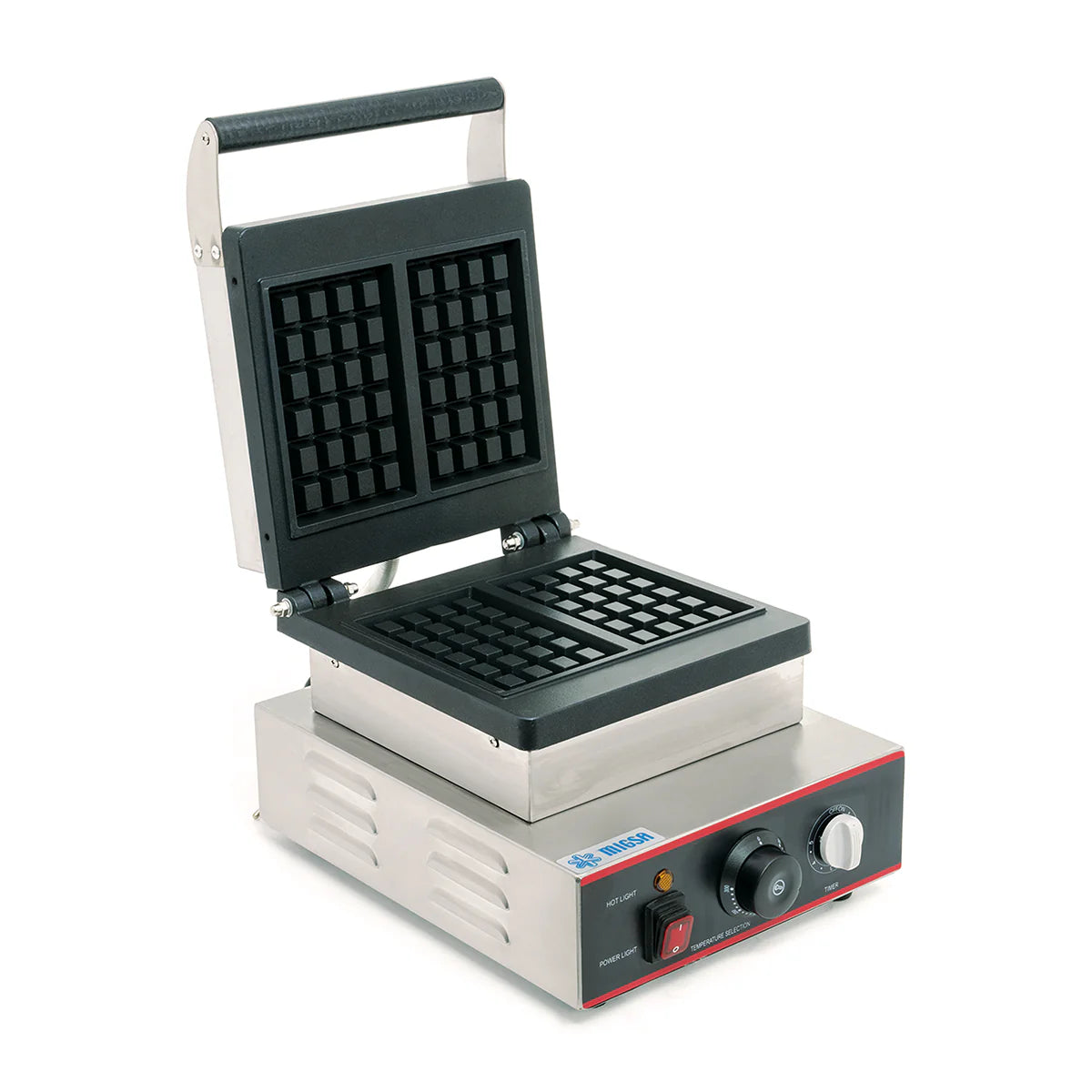 UWBF-1 | Wafflera rectangular sencilla Migsa 1200 W con platos de teflón, termostato ajustable y temporizador de 5 min