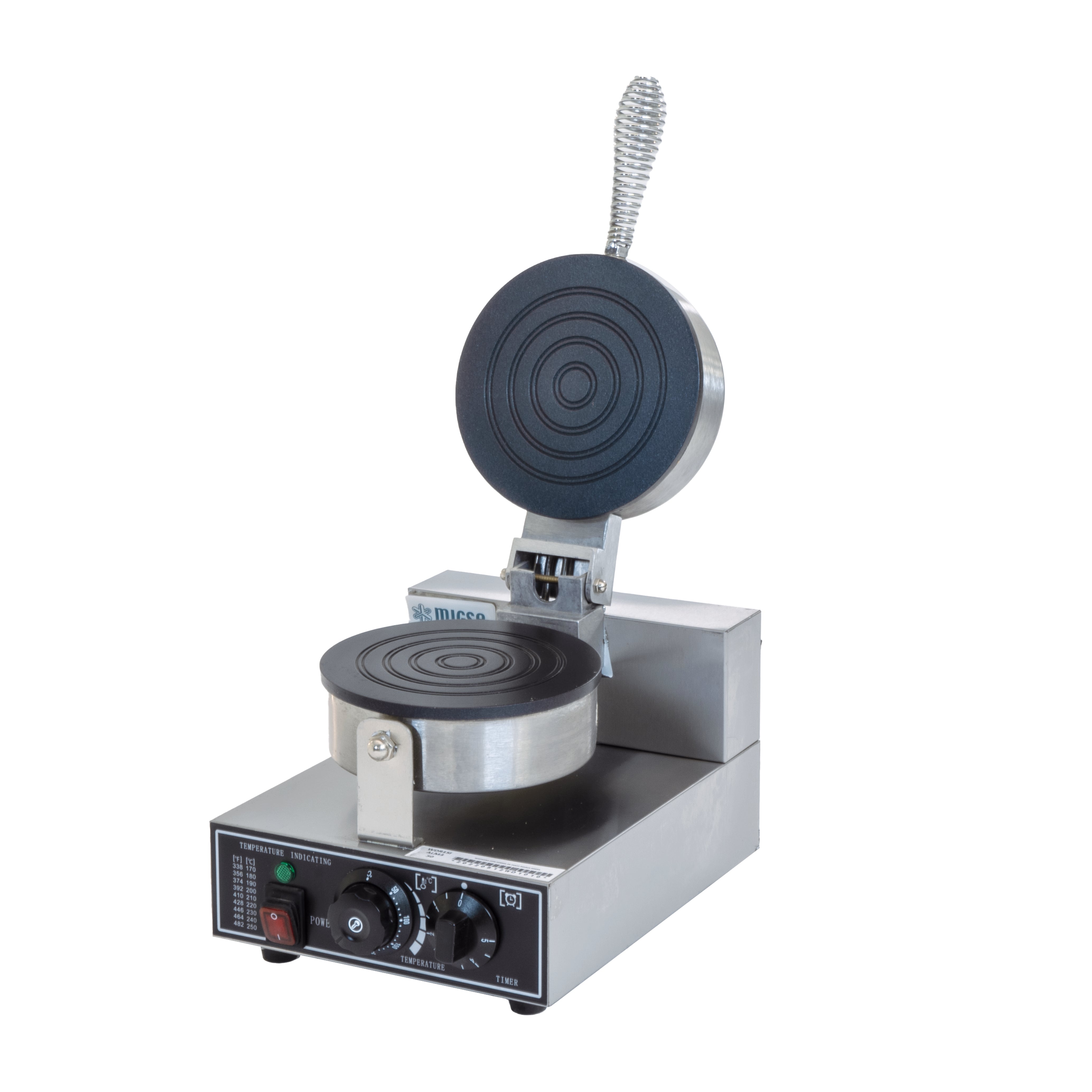 WDR-1 | Wafflera de disco Migsa 1000 W con plato de teflón, termostato ajustable y temporizador de 5 min